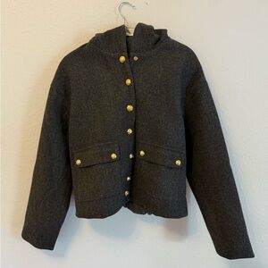 English Factory Hooded Button-Up Jacket with Gold Buttons